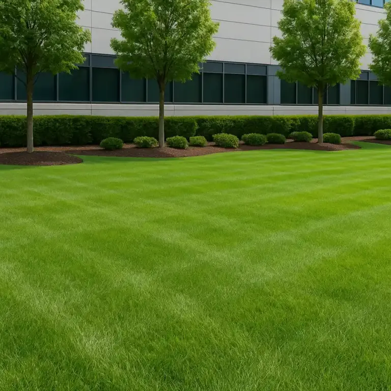 Freshly mowed commercial lawn with neat stripes, young trees, and a modern office building in Essex.